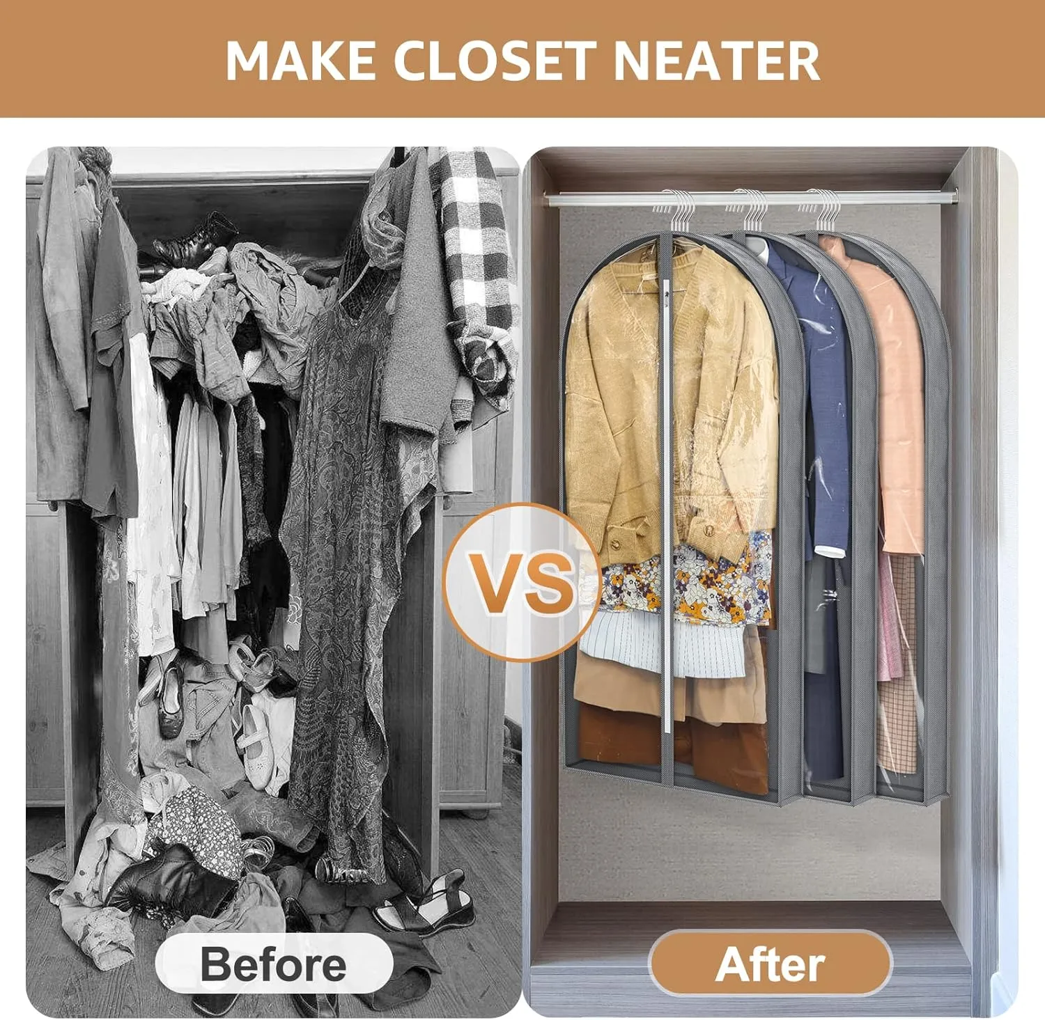 50" Garment Bags, Clear Plastic Clothes Coveres with 4" Gussetes for Hanging Clothes Closet Storage, Breathable Protector for Long Coat, Jacket, Sweater, Shirts, Suits, 3 Packs