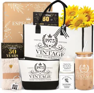 50th Birthday Gifts for Women Her, Cool Gifts for 50 Year Old Woman, Fifty Birthday Canvas Tote Bag Glass Cup Candle Gift Basket Ideas Daughter Mom Sister Friend Wife Coworkers