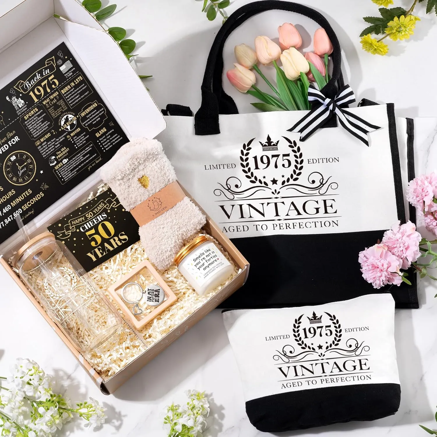 50th Birthday Gifts for Women Her, Cool Gifts for 50 Year Old Woman, Fifty Birthday Canvas Tote Bag Glass Cup Candle Gift Basket Ideas Daughter Mom Sister Friend Wife Coworkers