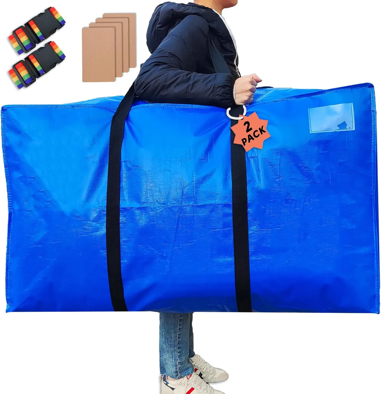 58 Gallon Heavy Duty Moving Bags 2-pack, Extra Large Storage bags with Zipper,2 Luggage Straps,Note Cards.Handheld or shoulder/back carry, Ideal for travel, school season, home storage