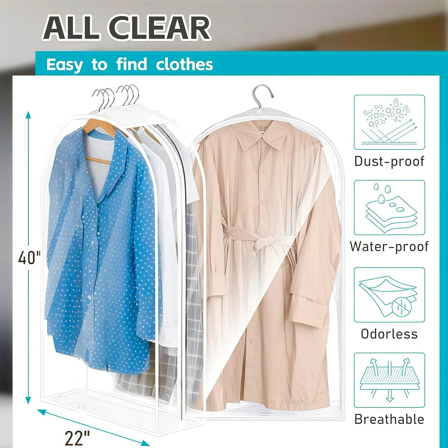 6 Pack Clear Garment Bags for Hanging Clothes 10”Gusseted, Suit Bags for Closet Storage, Hanging Plastic Clothes Cover for Coat, Dress, Fur, Shirt（24x10x40In）