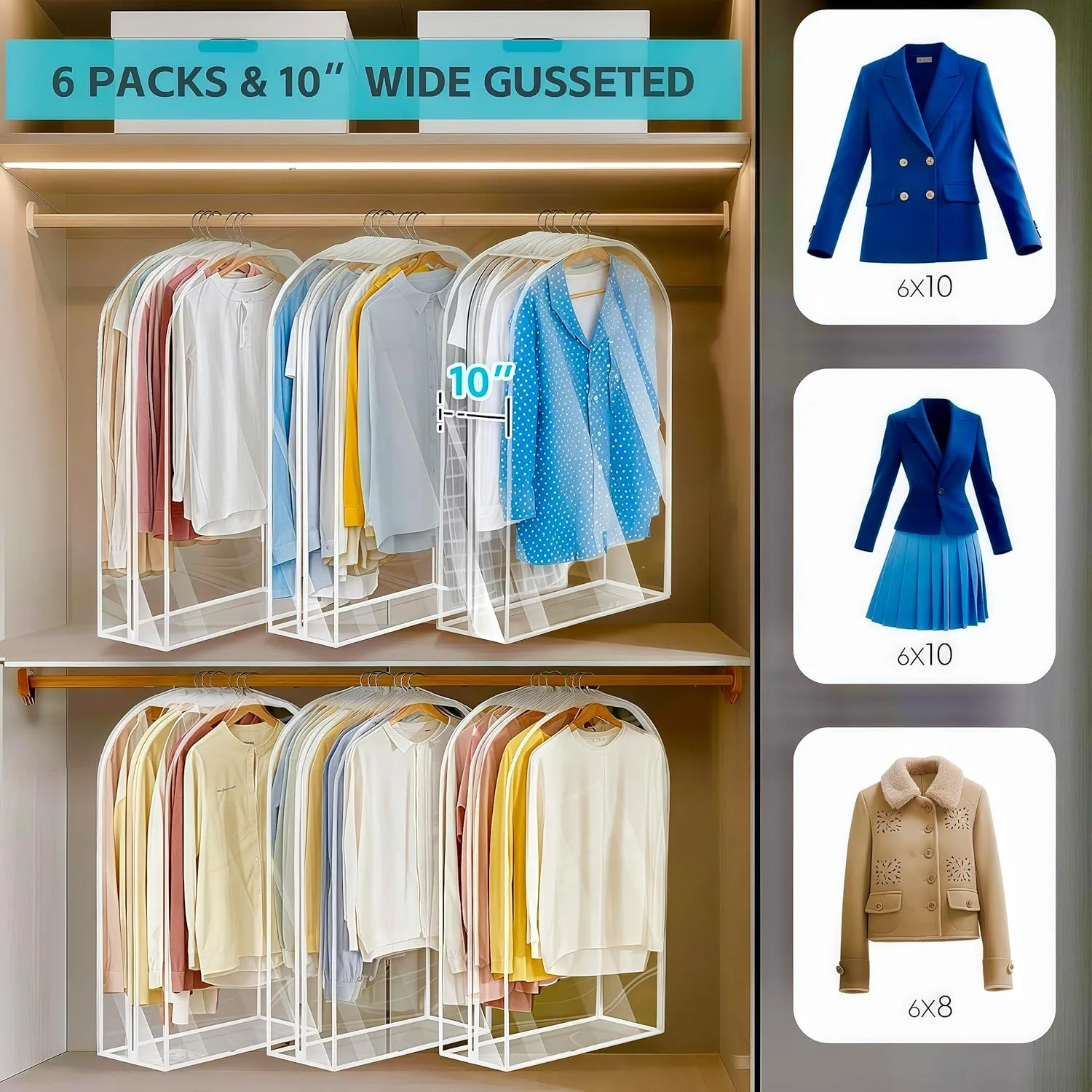 6 Pack Clear Garment Bags for Hanging Clothes 10”Gusseted, Suit Bags for Closet Storage, Hanging Plastic Clothes Cover for Coat, Dress, Fur, Shirt（24x10x40In）