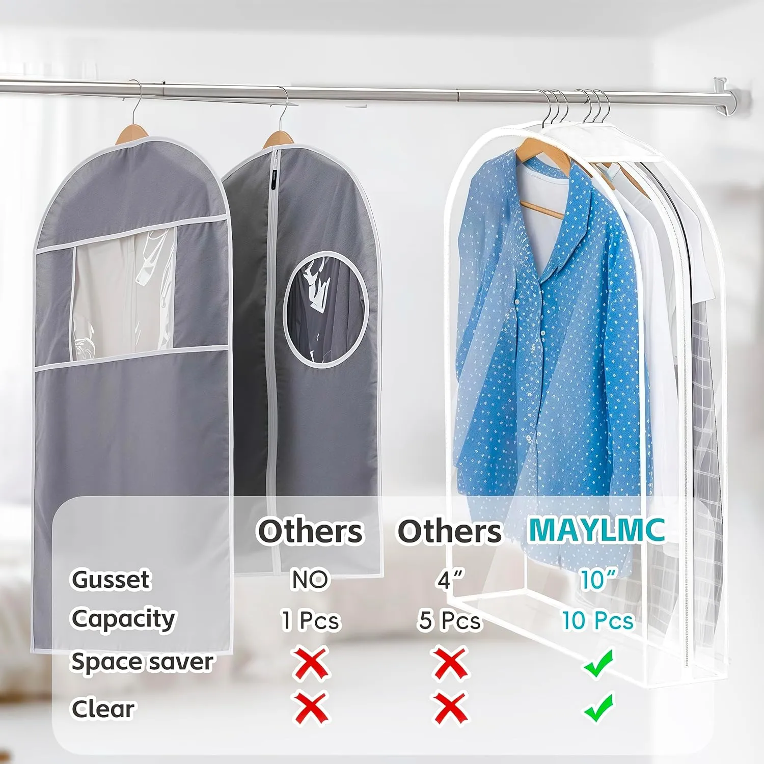 6 Pack Clear Garment Bags for Hanging Clothes 10”Gusseted, Suit Bags for Closet Storage, Hanging Plastic Clothes Cover for Coat, Dress, Fur, Shirt（24x10x40In）