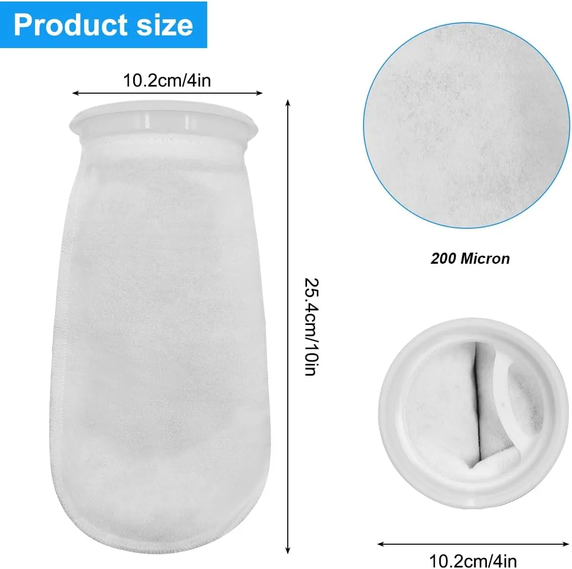 6Pcs 4 Inch Ring by 10 Inch Long Filter Socks 200 Micron, Aquarium Felt Socks, Aquarium Filter Bags for Freshwater Saltwater Aquariums Fish Tank, Sump Filter Socks, Use in Ponds Overflows