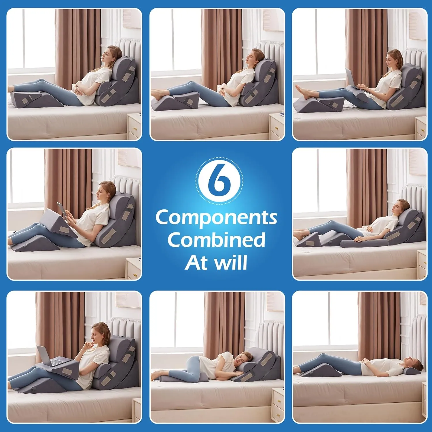 6PCS Orthopedic Bed Wedge Pillow Set for Sitting up in Bed, Memory Foam Post Surgery Pillow for Back Pain Relief, Back Support Pillow for Acid Reflux Relief, GERD, Anti Snoring (Plush Grey)