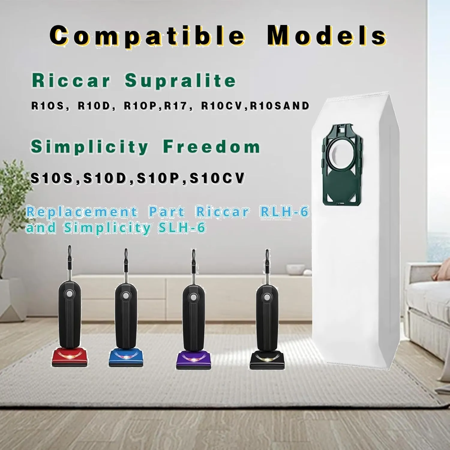 7 Pack RLH-6 Vacuum Bags for Simplicity Freedom R10S R10D S10P S10SAND，for Riccar SupraLite R10S R10D R10O R10SAND Upright Vacuums Cleaner, Replace Part RLH-6, SLH-6,RLHC-6, SLHC-6