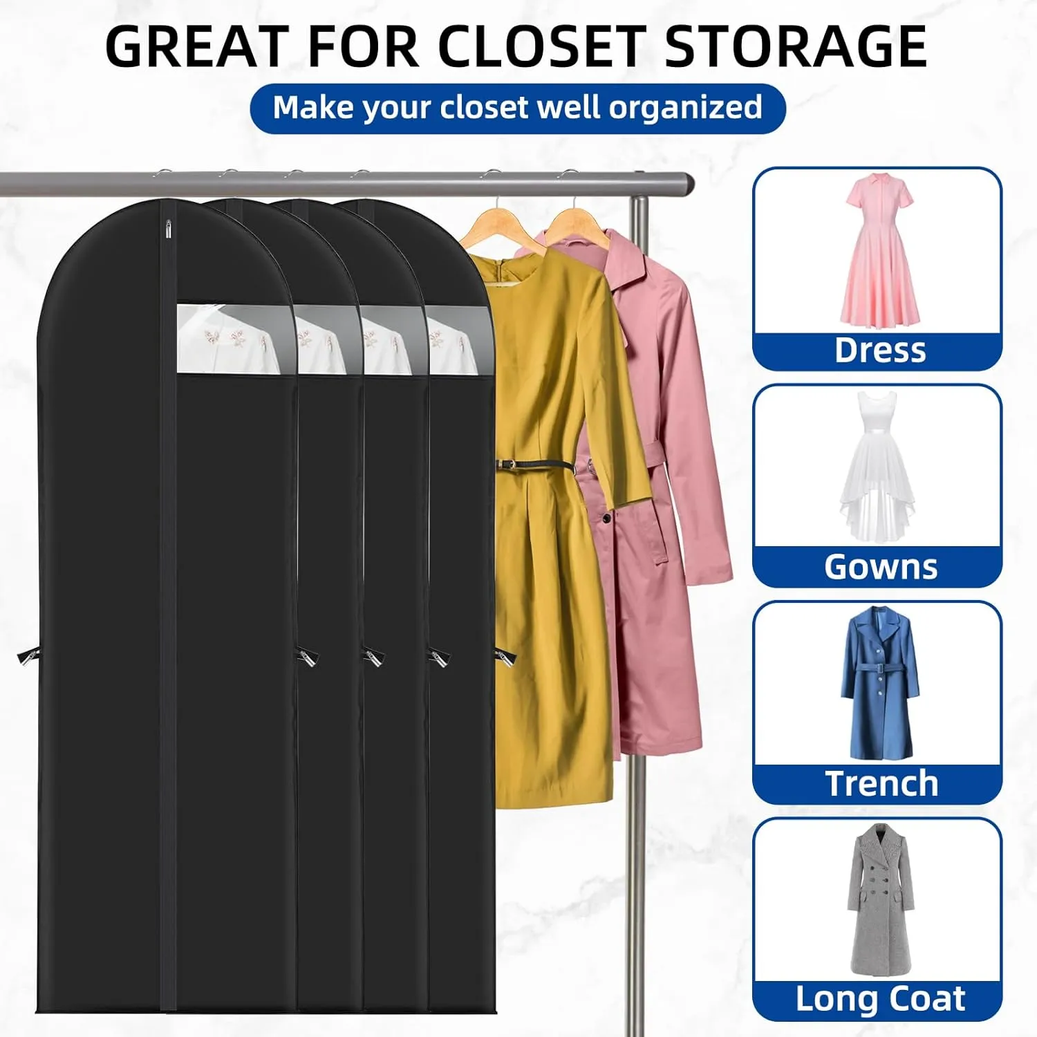 70"" Gusseted Garment Bags for Hanging Clothes 70"" Dress Bags for Gowns Long Waterproof Dress Cover for Closet Hanging Clothes Storage Bag, 2 Packs (BLACK, X)