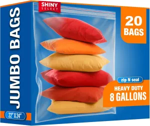 8-Gallon Extra Large Zipper Storage Bags, 22”x24”, 20 Count– Resealable Plastic Zip Bag, 2 Mil Thick for Organizing Linen, Pillows, Blanket, Bedding, Tools, Curtains, Big Toys, Moving