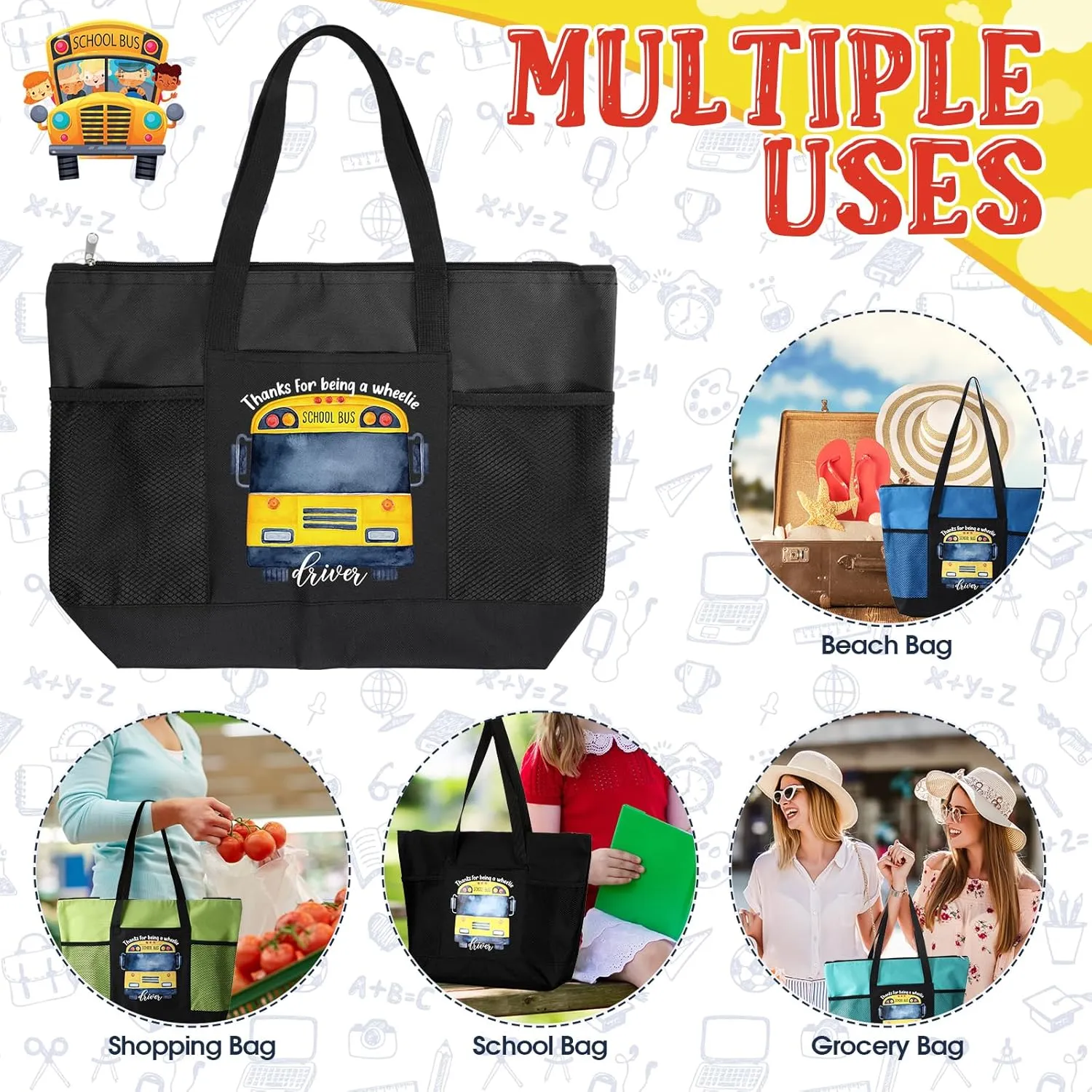 Abbylike 10 Pcs Bus Driver Gifts Tote Bags School Bus Driver Appreciation Gift Graduation Tote Bags Zipper for Women Men