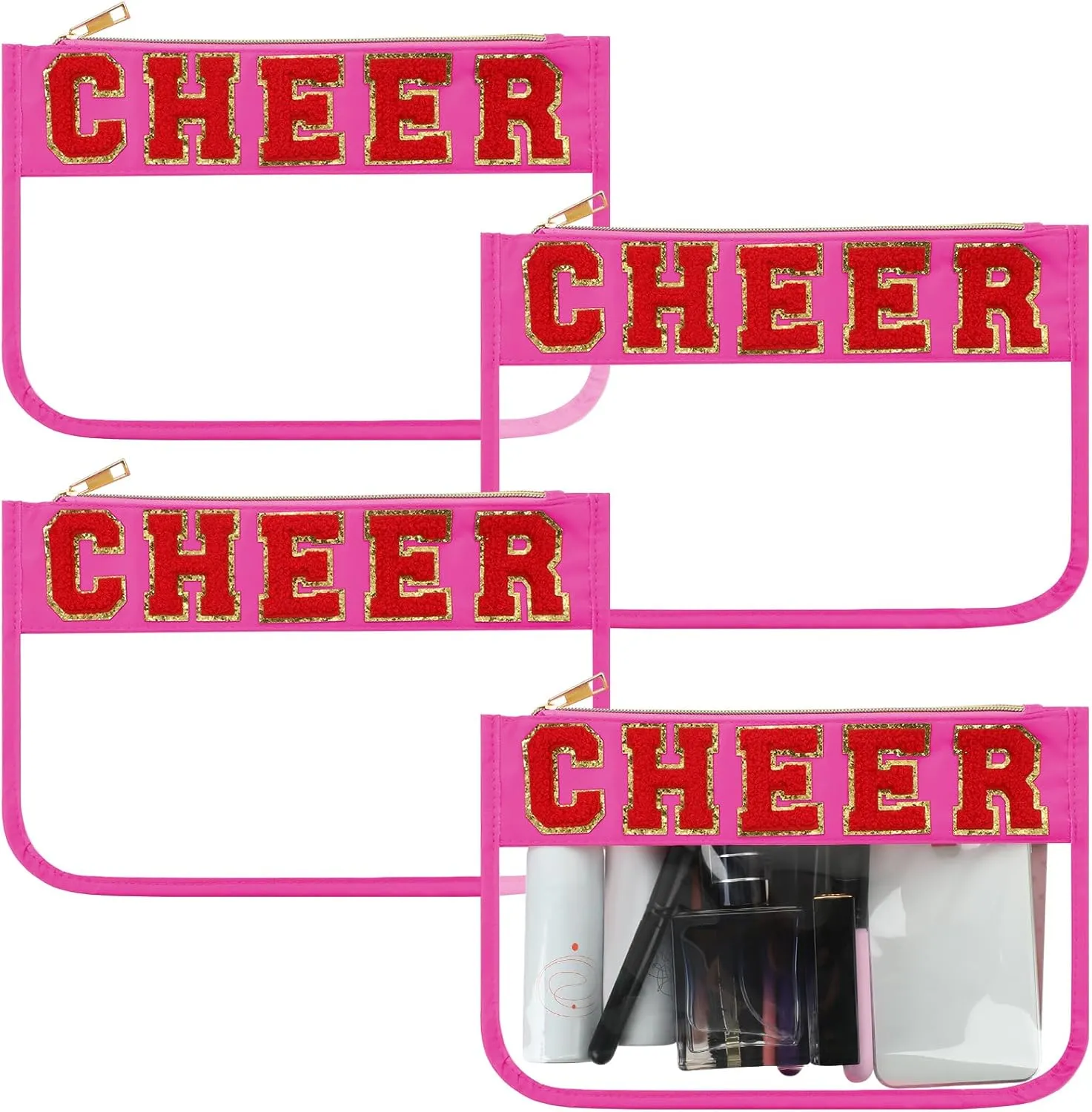 Abbylike 4 Pcs Cheer Makeup Bag Cheerleader Clear Letter Chenille Patch Bag Nylon Makeup Toiletry Pouch with Zipper for Cheerleading Team Women Gifts(Hot Pink,Cheer)