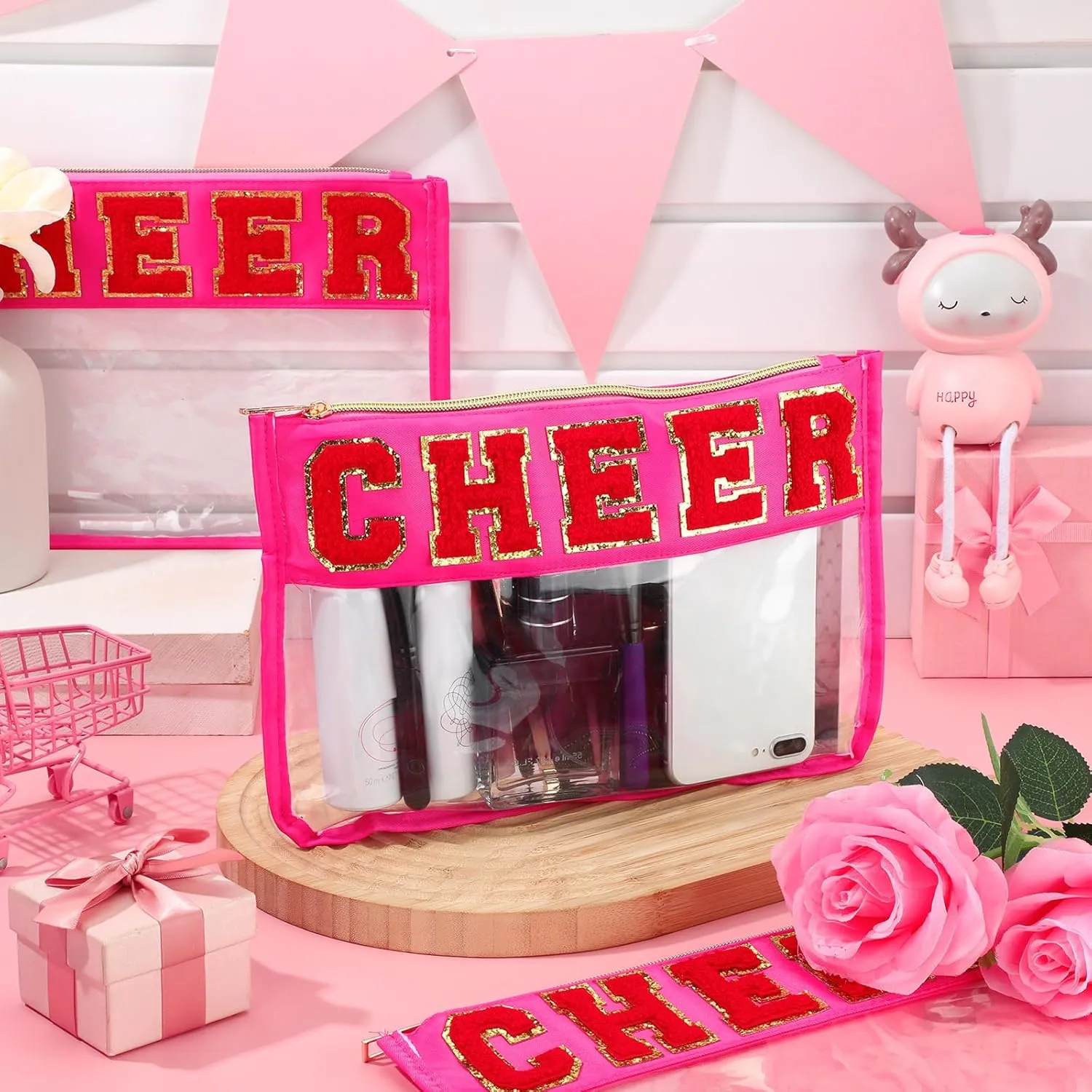 Abbylike 4 Pcs Cheer Makeup Bag Cheerleader Clear Letter Chenille Patch Bag Nylon Makeup Toiletry Pouch with Zipper for Cheerleading Team Women Gifts(Hot Pink,Cheer)