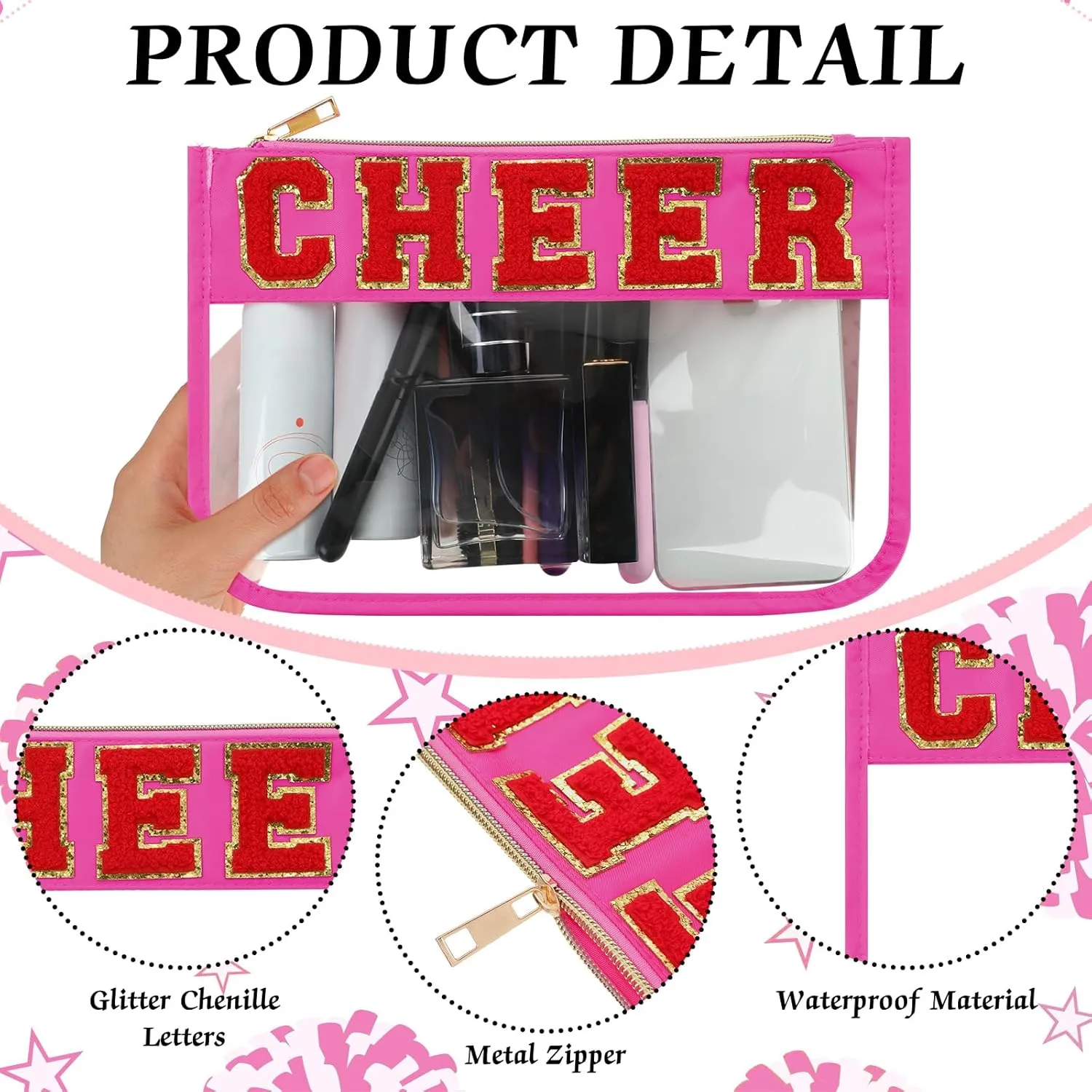 Abbylike 4 Pcs Cheer Makeup Bag Cheerleader Clear Letter Chenille Patch Bag Nylon Makeup Toiletry Pouch with Zipper for Cheerleading Team Women Gifts(Hot Pink,Cheer)