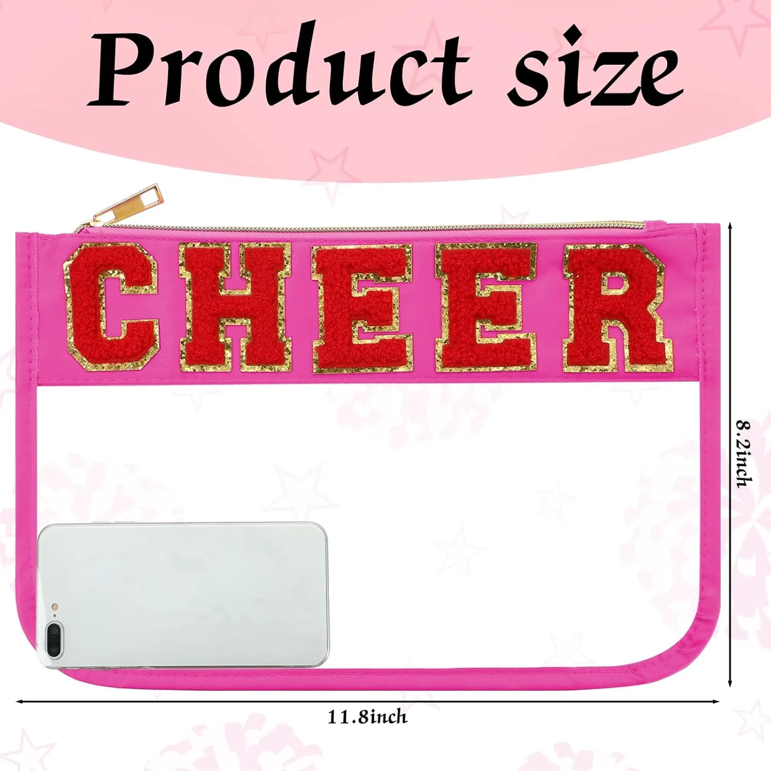 Abbylike 4 Pcs Cheer Makeup Bag Cheerleader Clear Letter Chenille Patch Bag Nylon Makeup Toiletry Pouch with Zipper for Cheerleading Team Women Gifts(Hot Pink,Cheer)