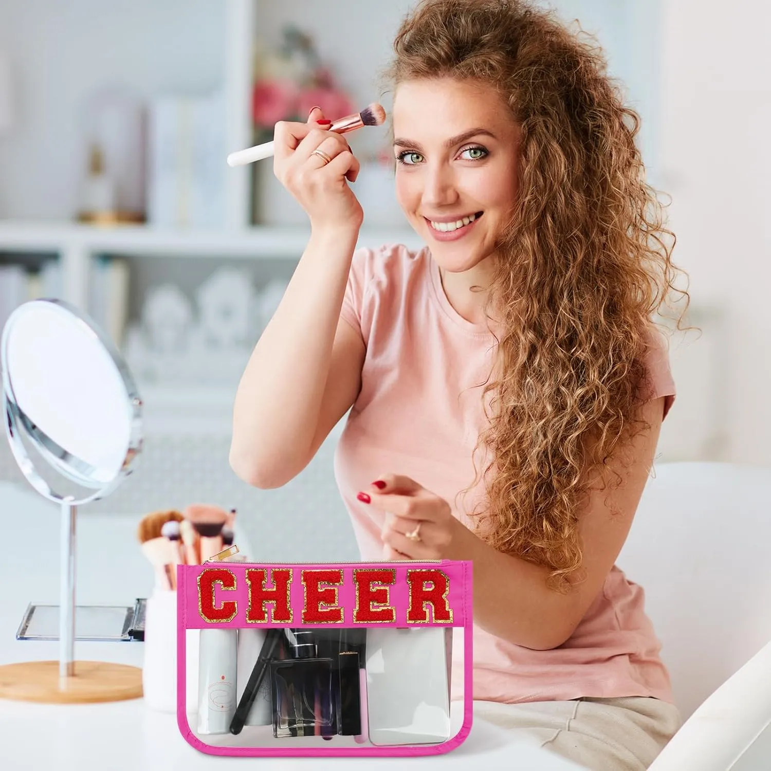 Abbylike 4 Pcs Cheer Makeup Bag Cheerleader Clear Letter Chenille Patch Bag Nylon Makeup Toiletry Pouch with Zipper for Cheerleading Team Women Gifts(Hot Pink,Cheer)