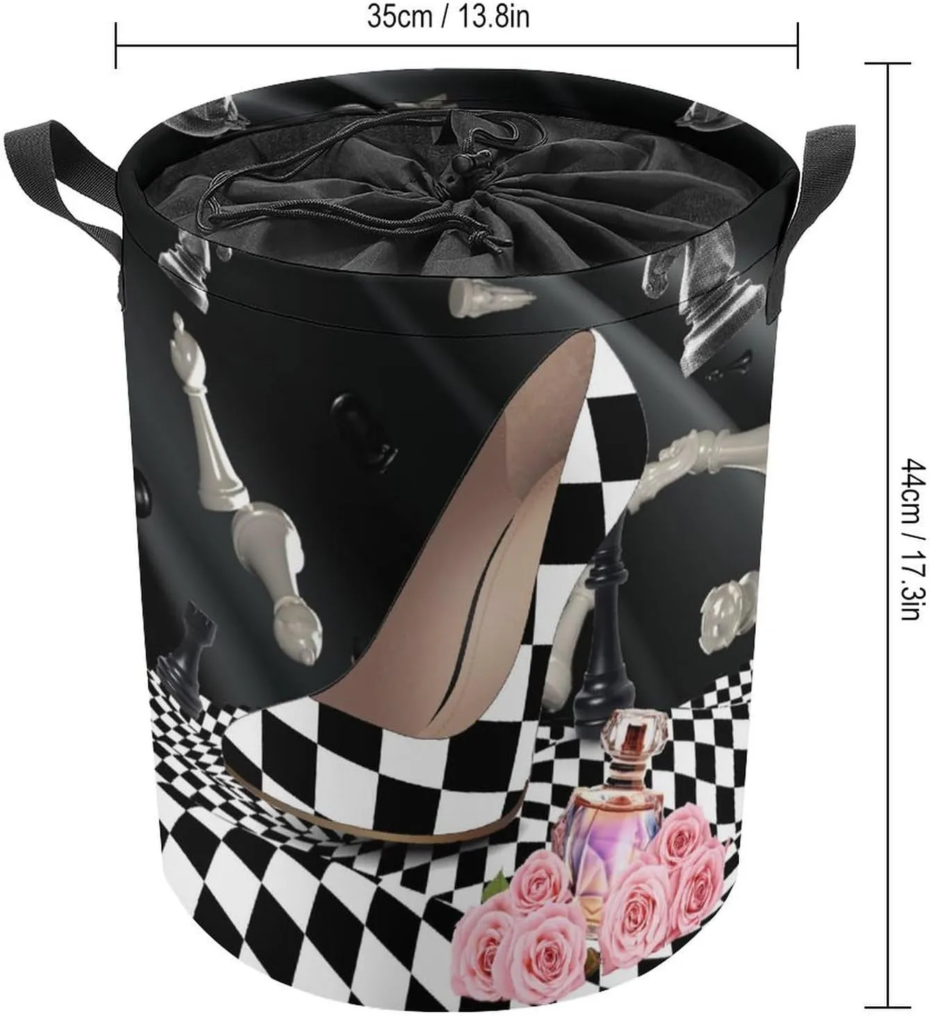 Abstract Modern Art High Heels Collapsible Folding Washing Bin,Rustic Black White Plaid Makeup Theme High Heels For Laundry Room, Balcony Dirty Clothes Basket-13.8"W X13.8"L X17.3"H