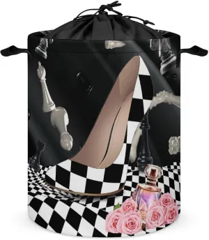 Abstract Modern Art High Heels Collapsible Folding Washing Bin,Rustic Black White Plaid Makeup Theme High Heels For Laundry Room, Balcony Dirty Clothes Basket-13.8"W X13.8"L X17.3"H