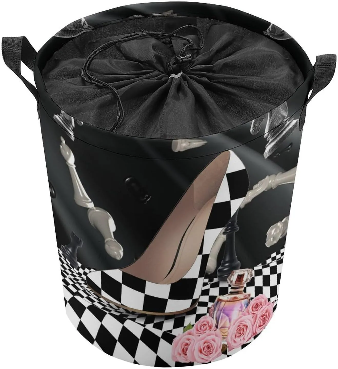 Abstract Modern Art High Heels Collapsible Folding Washing Bin,Rustic Black White Plaid Makeup Theme High Heels For Laundry Room, Balcony Dirty Clothes Basket-13.8"W X13.8"L X17.3"H