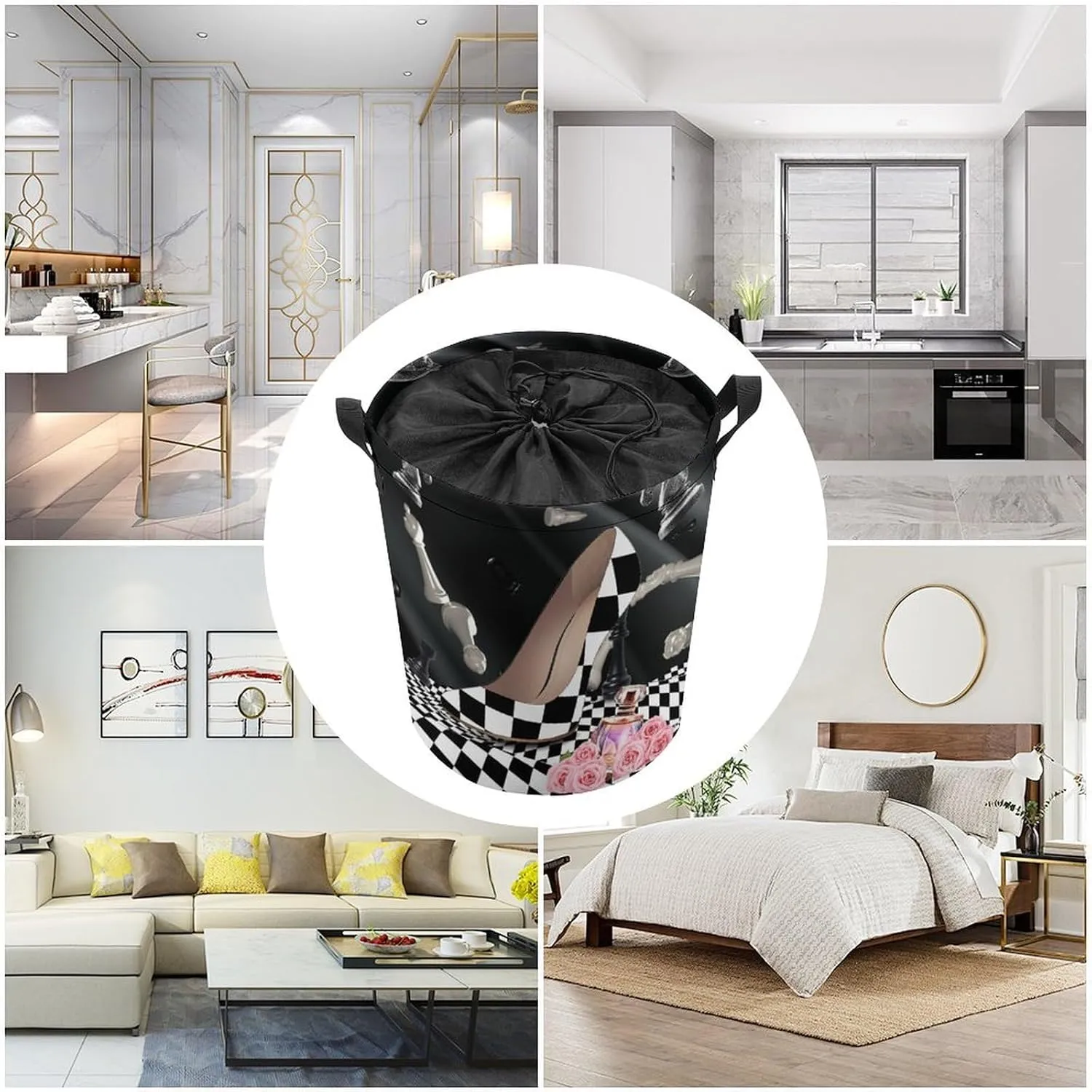 Abstract Modern Art High Heels Collapsible Folding Washing Bin,Rustic Black White Plaid Makeup Theme High Heels For Laundry Room, Balcony Dirty Clothes Basket-13.8"W X13.8"L X17.3"H
