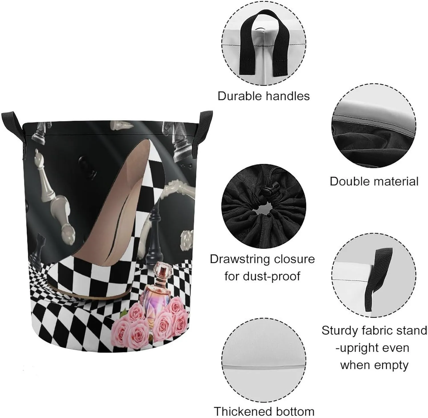 Abstract Modern Art High Heels Collapsible Folding Washing Bin,Rustic Black White Plaid Makeup Theme High Heels For Laundry Room, Balcony Dirty Clothes Basket-13.8"W X13.8"L X17.3"H