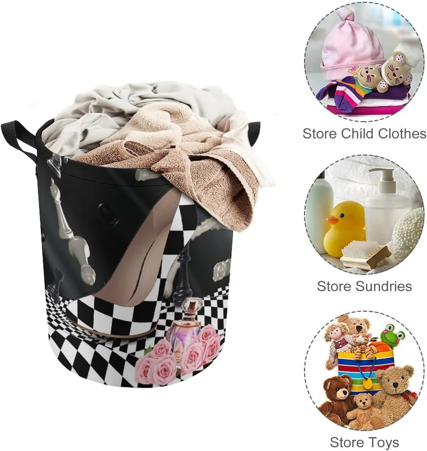 Abstract Modern Art High Heels Collapsible Folding Washing Bin,Rustic Black White Plaid Makeup Theme High Heels For Laundry Room, Balcony Dirty Clothes Basket-13.8"W X13.8"L X17.3"H