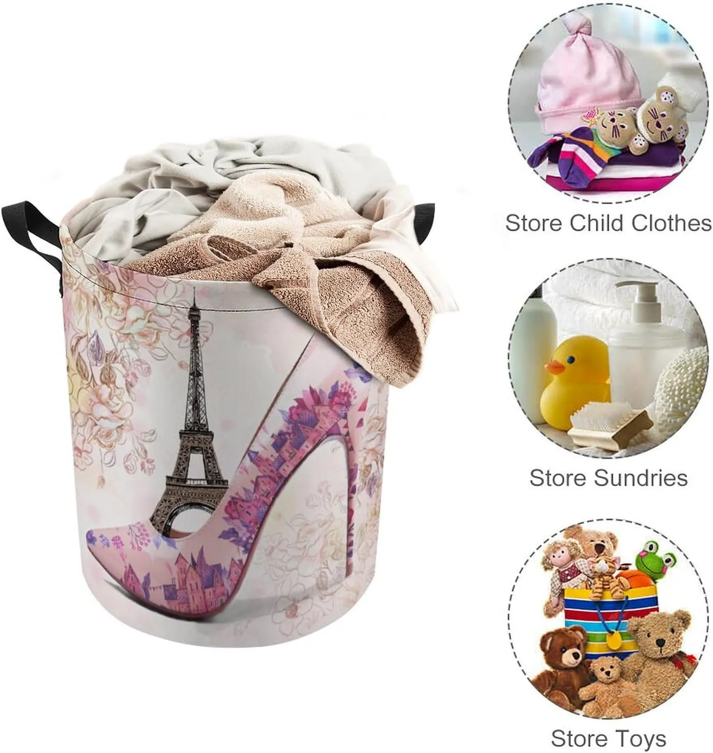 Abstract Paris Theme Eiffel Tower Freestanding Laundry Hamper,Rustic Spring Garden Flower Lavender High Heels Drawstring Portable Large Volume Laundry Basket-13.8"W X13.8"L X17.3"H