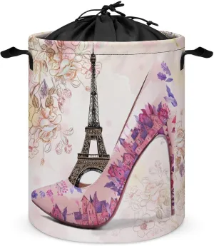 Abstract Paris Theme Eiffel Tower Freestanding Laundry Hamper,Rustic Spring Garden Flower Lavender High Heels Drawstring Portable Large Volume Laundry Basket-13.8"W X13.8"L X17.3"H