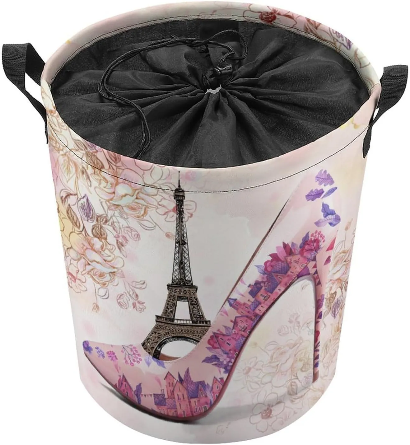 Abstract Paris Theme Eiffel Tower Freestanding Laundry Hamper,Rustic Spring Garden Flower Lavender High Heels Drawstring Portable Large Volume Laundry Basket-13.8"W X13.8"L X17.3"H