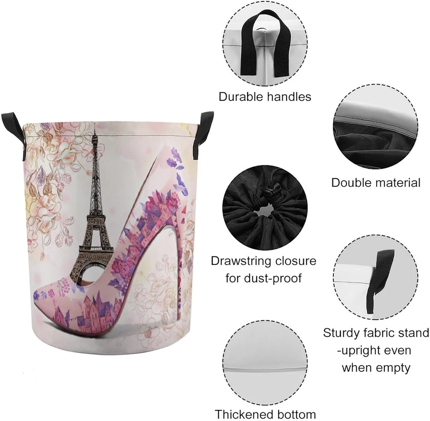 Abstract Paris Theme Eiffel Tower Freestanding Laundry Hamper,Rustic Spring Garden Flower Lavender High Heels Drawstring Portable Large Volume Laundry Basket-13.8"W X13.8"L X17.3"H