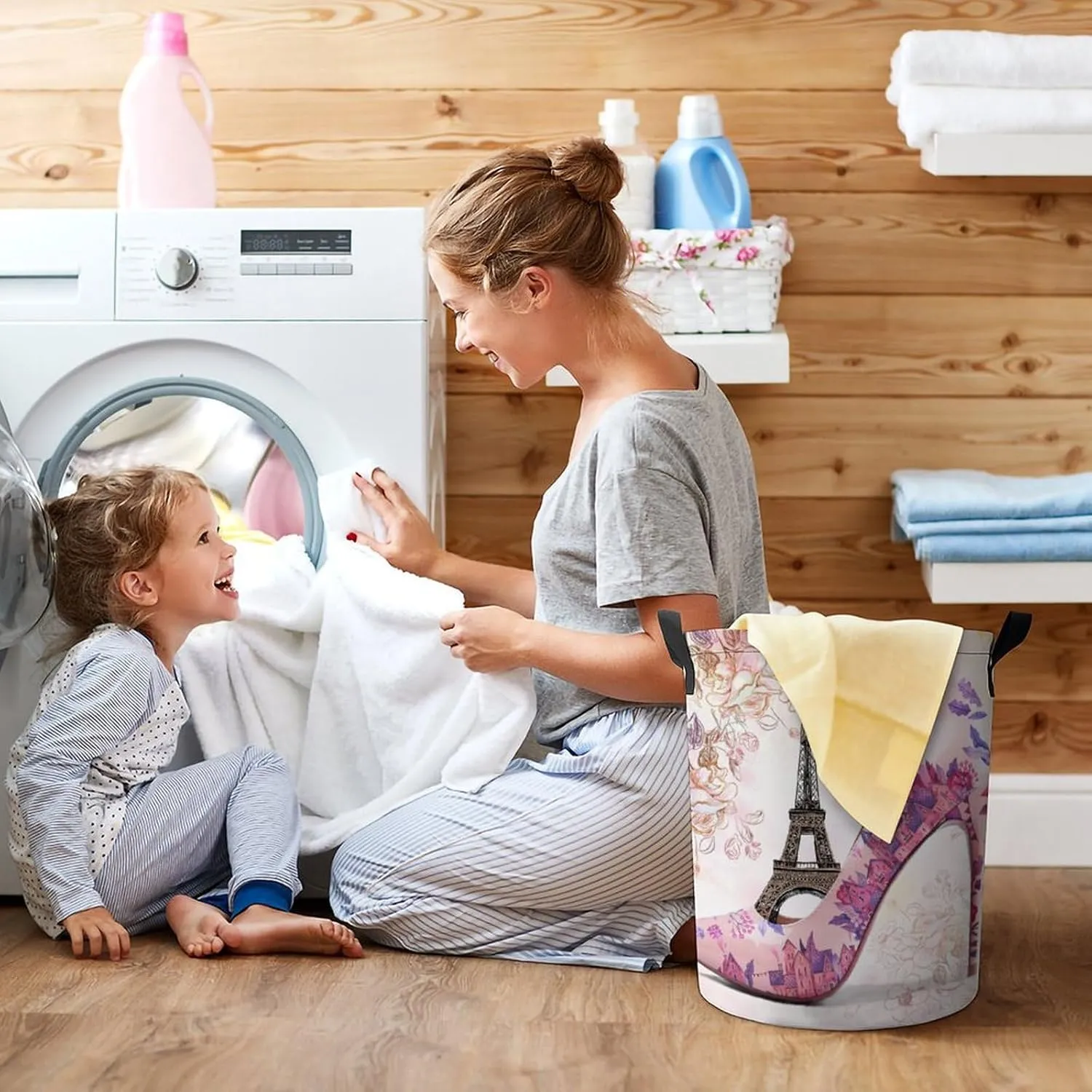 Abstract Paris Theme Eiffel Tower Freestanding Laundry Hamper,Rustic Spring Garden Flower Lavender High Heels Drawstring Portable Large Volume Laundry Basket-13.8"W X13.8"L X17.3"H