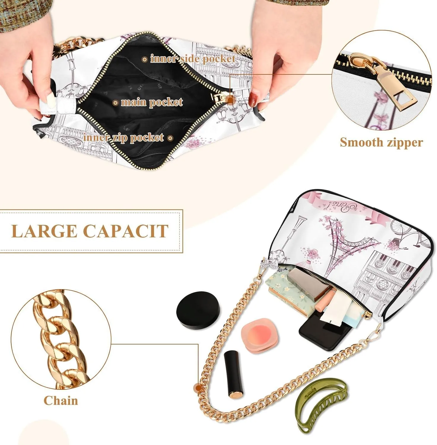 ALZA Shoulder Handbags for Women Travel Hobo Tote Handbag Women Gold Chain Shoulder Bags Purse with Zipper Closure