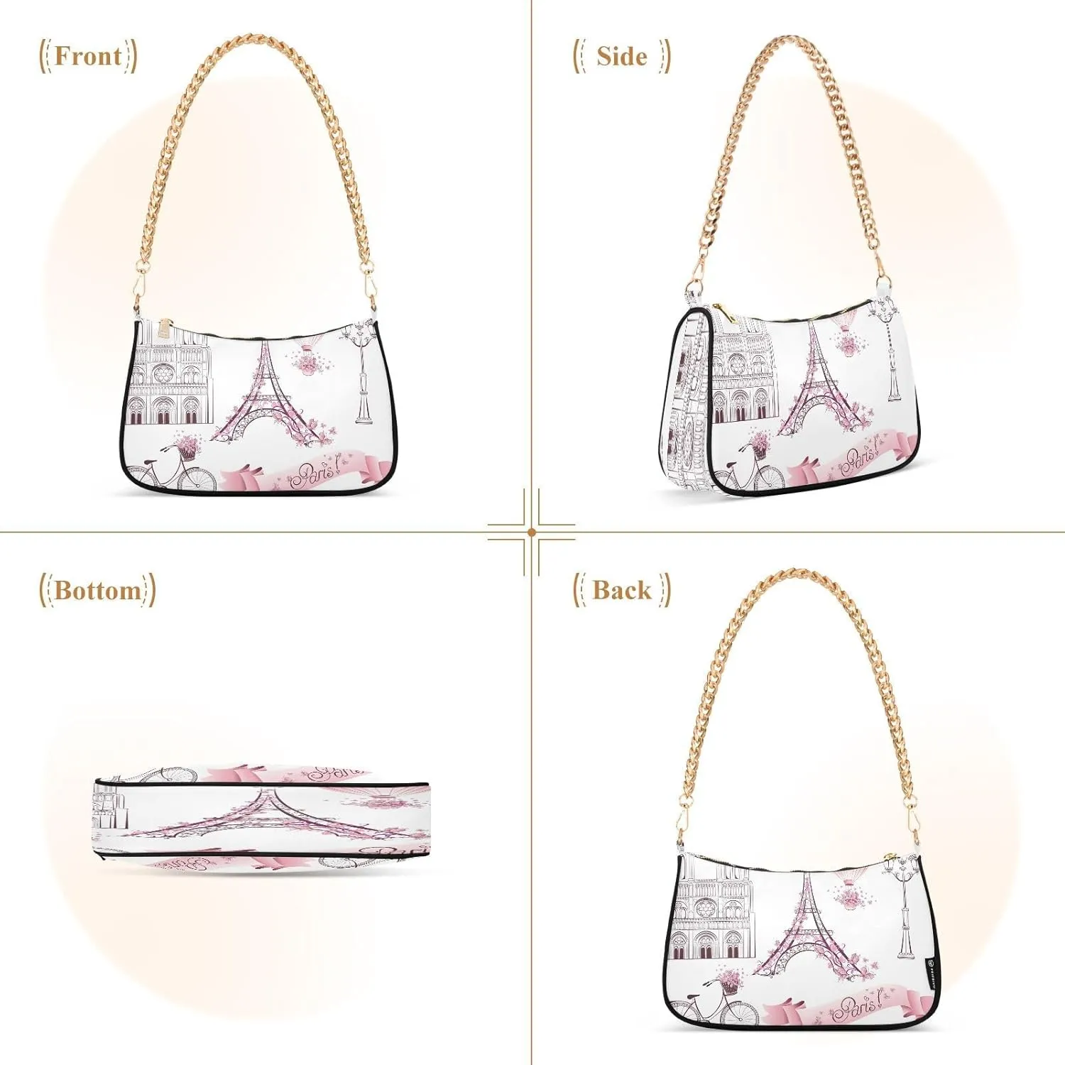 ALZA Shoulder Handbags for Women Travel Hobo Tote Handbag Women Gold Chain Shoulder Bags Purse with Zipper Closure