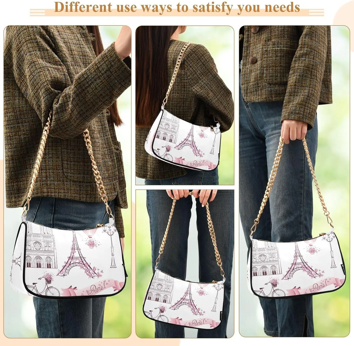 ALZA Shoulder Handbags for Women Travel Hobo Tote Handbag Women Gold Chain Shoulder Bags Purse with Zipper Closure