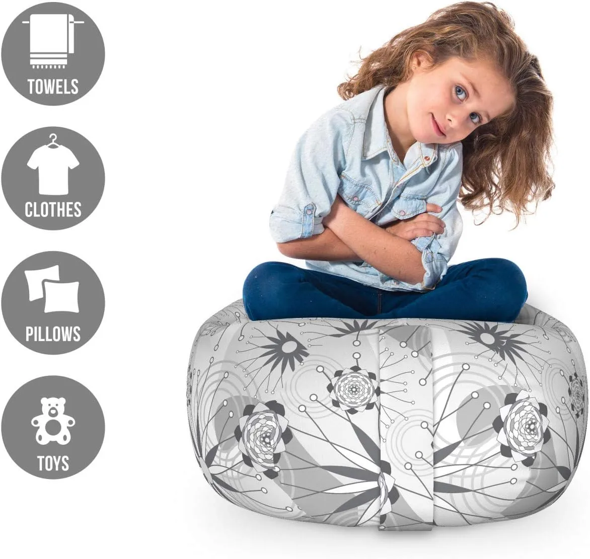 Ambesonne Abstract Storage Toy Bag Chair, Modern Surreal Interpretation of Geometrical and Concentric Flower Designs, Stuffed Animal Organizer Washable Bag, Small Size, Grey and White