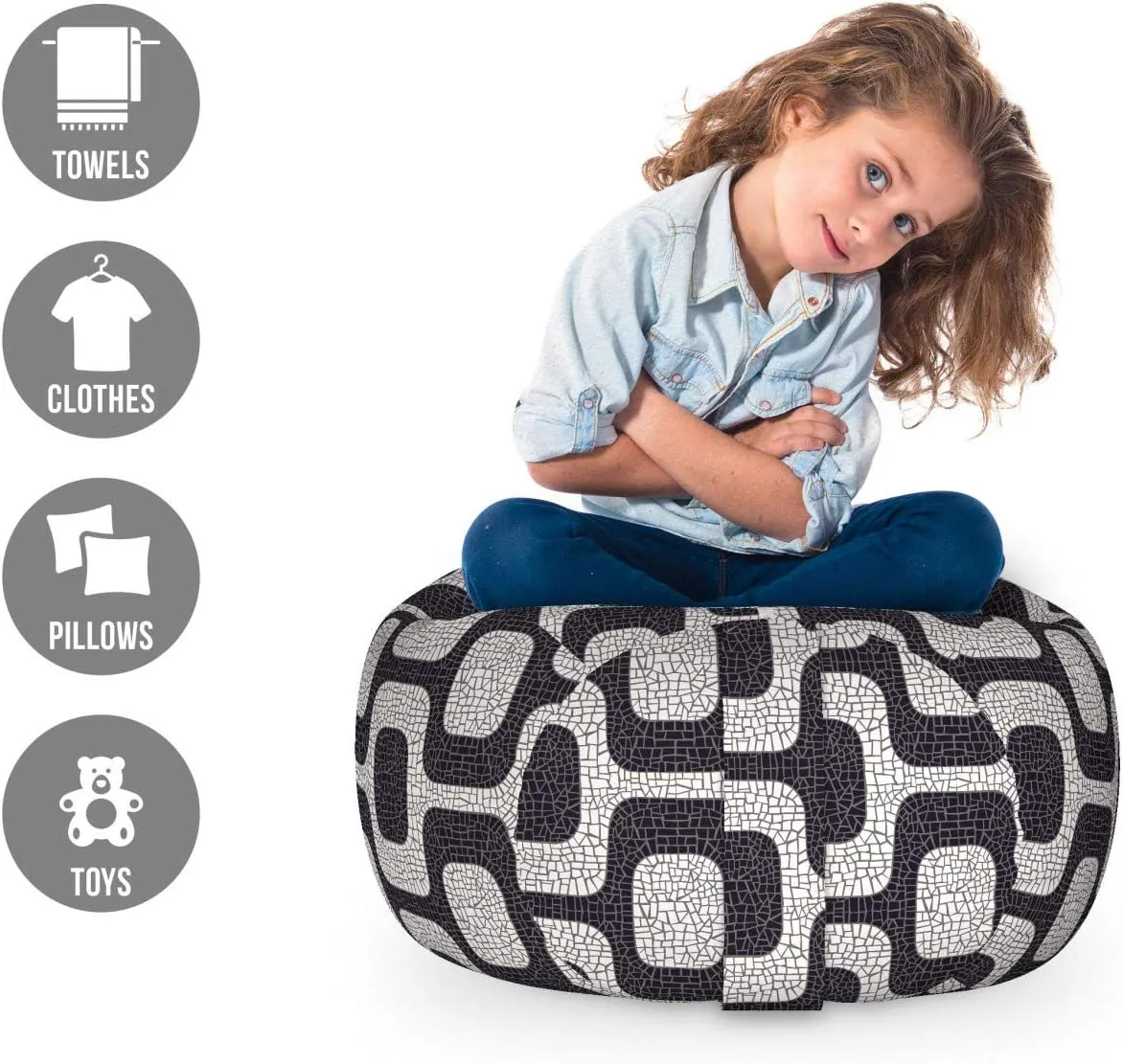 Ambesonne Abstract Storage Toy Bag Chair, Modern White and Black Wave Pavement Pattern Fractal Looking Mosaic, Stuffed Animal Organizer Washable Bag, Small Size, Black Pale Grey White