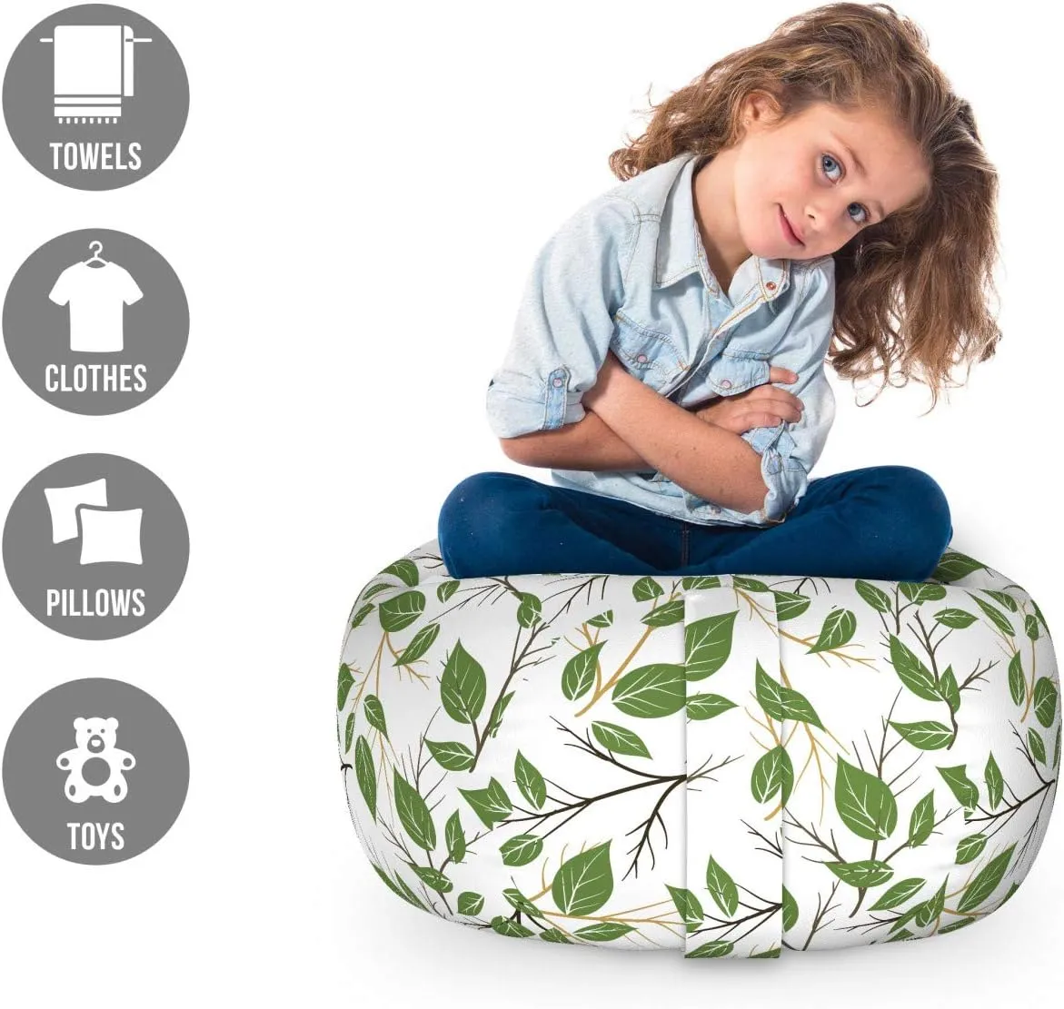 Ambesonne Aloha Storage Toy Bag Chair, Interpretation of Branches with Leaves Flourishing on a Plain Background, Stuffed Animal Organizer Washable Bag, Small Size, Brown Green Camel