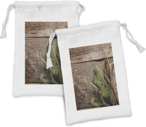 Ambesonne Antlers Fabric Pouch Set of 2, Evergreen Branch Deer Antler Against Rustic Wooden Background Print, Small Drawstring Bag for Toiletries Masks and Favors, 9" x 6", Fern Green Umber