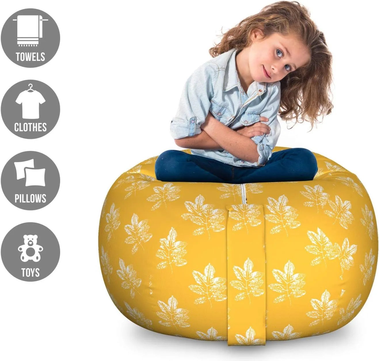 Ambesonne Autumn Storage Toy Bag Chair, Simplistic Leaf Imprints Grunge Inspired Warm Tones Pattern Art Illustration, Stuffed Animal Organizer Washable Bag, Large Size, Pale Orange White