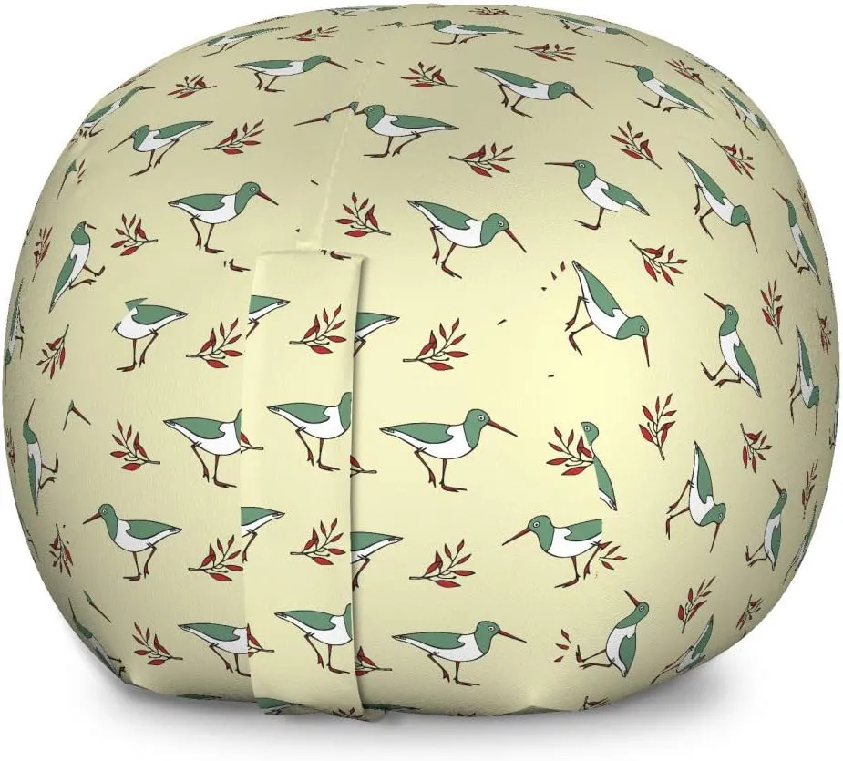 Ambesonne Bird Storage Toy Bag Chair, Pastel Shorebird Flying Animals with Branches Leaves Childish Design Repetition, Stuffed Animal Organizer Washable Bag, Large Size, Pale Green Red