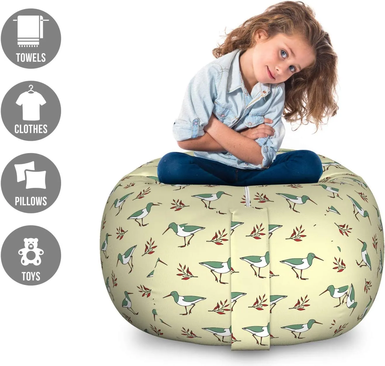 Ambesonne Bird Storage Toy Bag Chair, Pastel Shorebird Flying Animals with Branches Leaves Childish Design Repetition, Stuffed Animal Organizer Washable Bag, Large Size, Pale Green Red