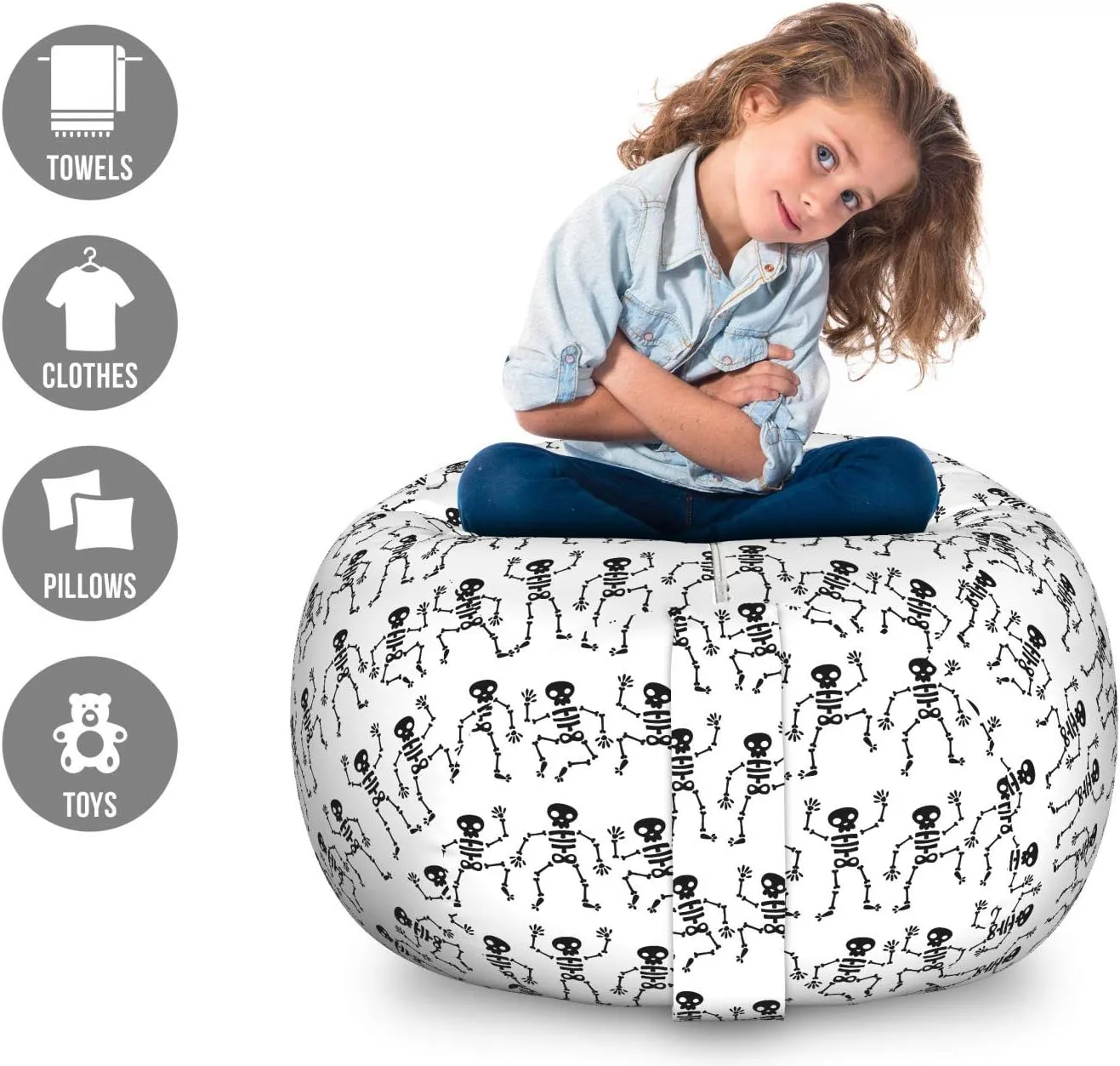 Ambesonne Bones Storage Toy Bag Chair, Funny Interpretation of Whimsical Dancing Skeletons Horizontally Aligned, Stuffed Animal Organizer Washable Bag, Large Size, Charcoal Grey and White