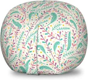 Ambesonne Botany Storage Toy Bag Chair, Spring Toned Swirled Spruce Tree Branches Meadow Leafage Forest Repetition, Stuffed Animal Organizer Washable Bag, Small Size, Ivory and Multicolor
