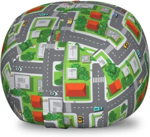 Ambesonne Car Race Track Storage Toy Bag Chair, Activity Suburb View with Houses Gardens and Trees Cartoon Design, Stuffed Animal Organizer Washable Bag, Small Size, Multicolor