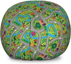 Ambesonne Car Race Track Storage Toy Bag Chair, Hand-Drawn Style Suburb Cartoon Roadway Activity Design Neighborhood, Stuffed Animal Organizer Washable Bag, Large Size, Multicolor