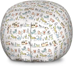 Ambesonne Cartoon Animal Storage Toy Bag Chair, Funny Village Countryside Farmland Theme Drawing Style Pattern, Stuffed Animal Organizer Washable Bag, Large Size, Multicolor
