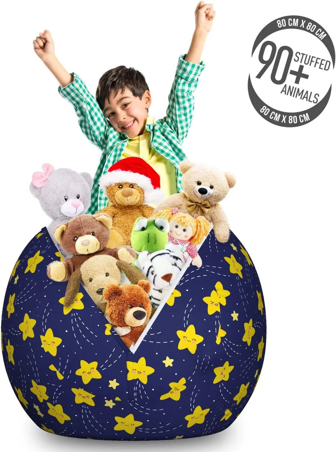 Ambesonne Cartoon Storage Toy Bag Chair, Childish Style Happy Sleeping Stars Sky Bedtime Night Comet Print, Stuffed Animal Organizer Washable Bag, Large Size, Indigo and Yellow
