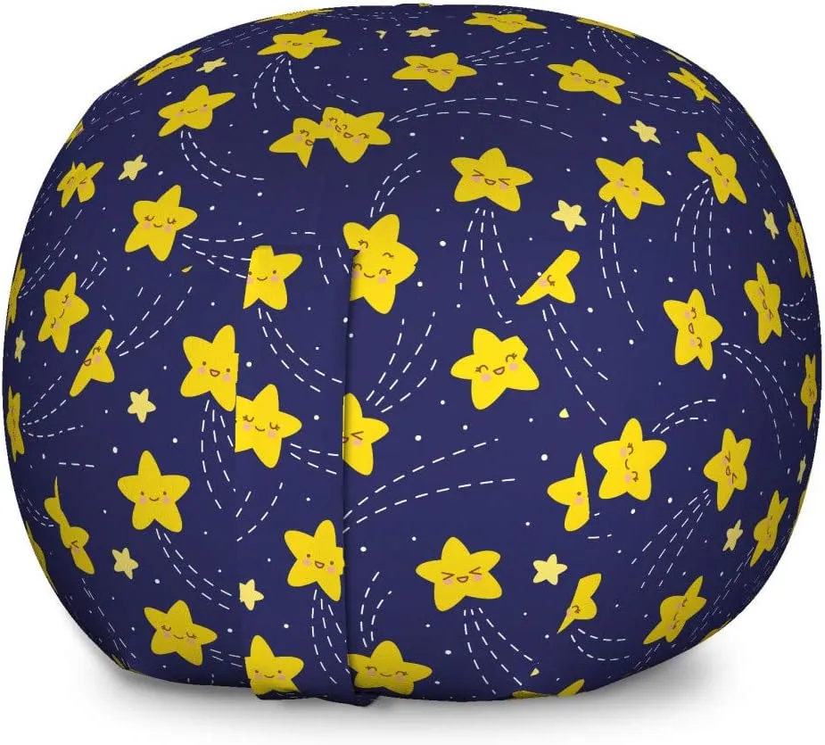 Ambesonne Cartoon Storage Toy Bag Chair, Childish Style Happy Sleeping Stars Sky Bedtime Night Comet Print, Stuffed Animal Organizer Washable Bag, Large Size, Indigo and Yellow