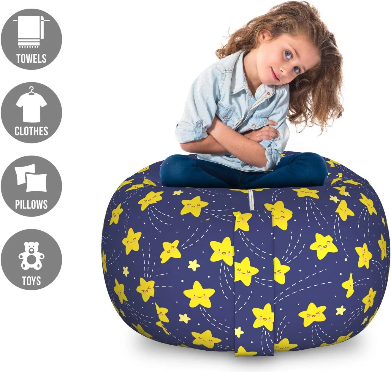 Ambesonne Cartoon Storage Toy Bag Chair, Childish Style Happy Sleeping Stars Sky Bedtime Night Comet Print, Stuffed Animal Organizer Washable Bag, Large Size, Indigo and Yellow