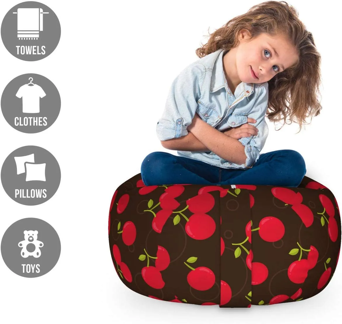 Ambesonne Cherry Storage Toy Bag Chair, Summer Time Illustration of Repeating Fruit Motifs Ripe and Refreshing, Stuffed Animal Organizer Washable Bag, Small Size, Dark Brown Dark Pink