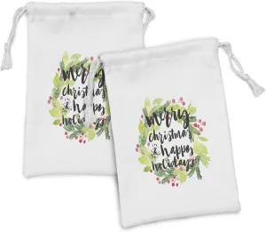 Ambesonne Christmas Fabric Pouch Set of 2, New Year and Happy Holiday Rustic Design Wreath Berries Evergreen Image, Small Drawstring Bag for Toiletries Masks and Favors, 9" x 6", White Green