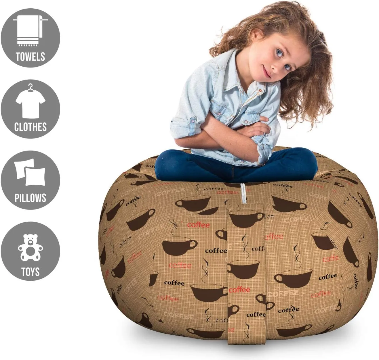 Ambesonne Coffee Storage Toy Bag Chair, Coffee Cups in Earthen Tones Fresh Espresso Latte Drink Caffeine Image, Stuffed Animal Organizer Washable Bag, Large Size, Chocolate Pale Brown